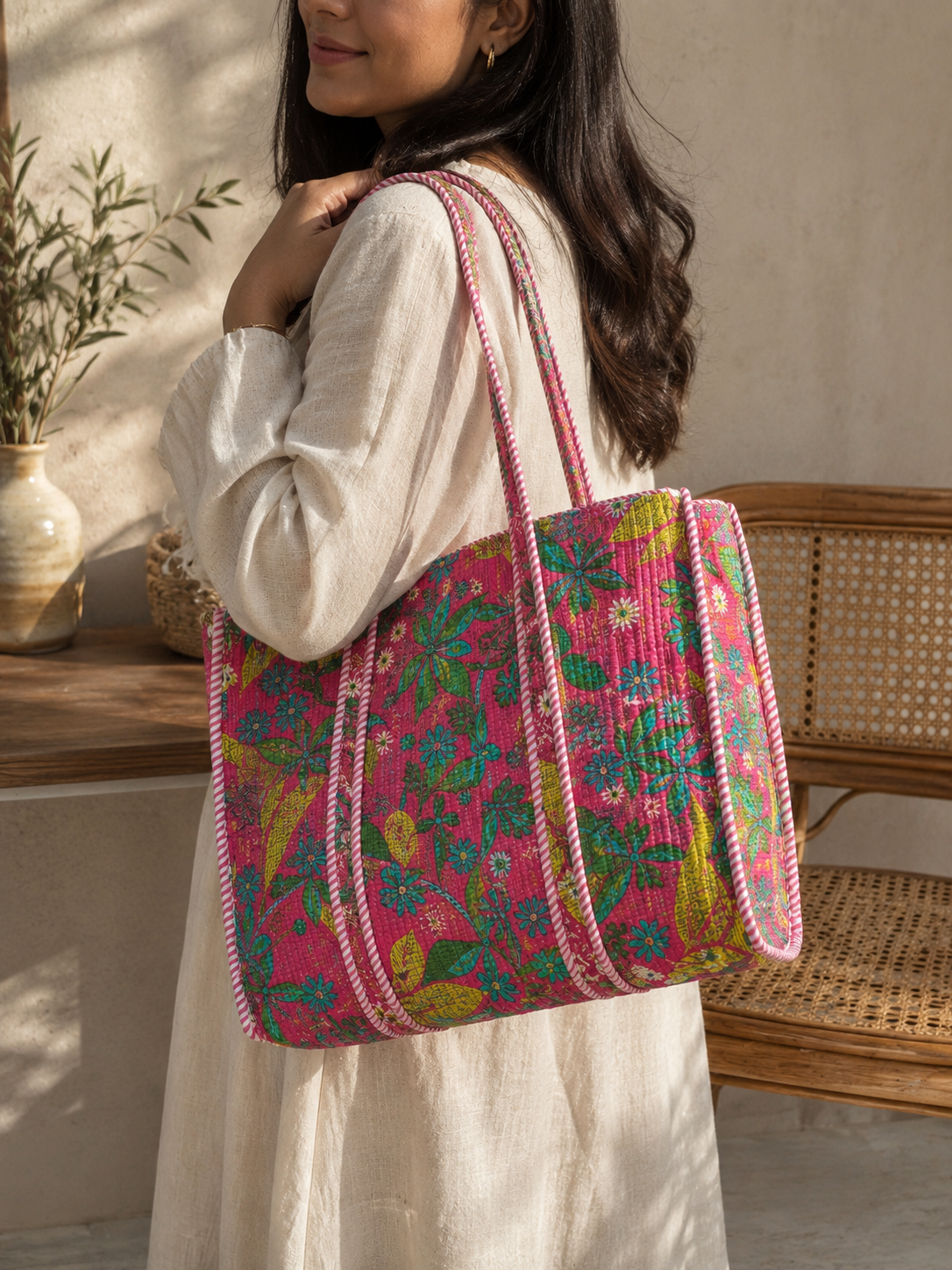 Bright Pink Floral Tote Bag