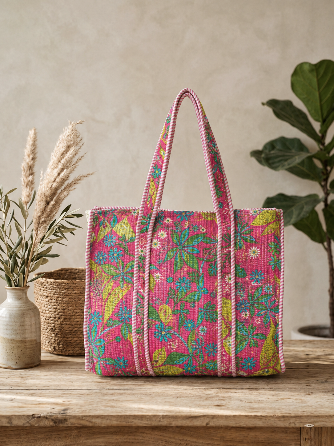 Bright Pink Floral Tote Bag