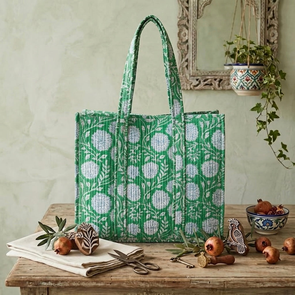 Green Floral Tote Bag