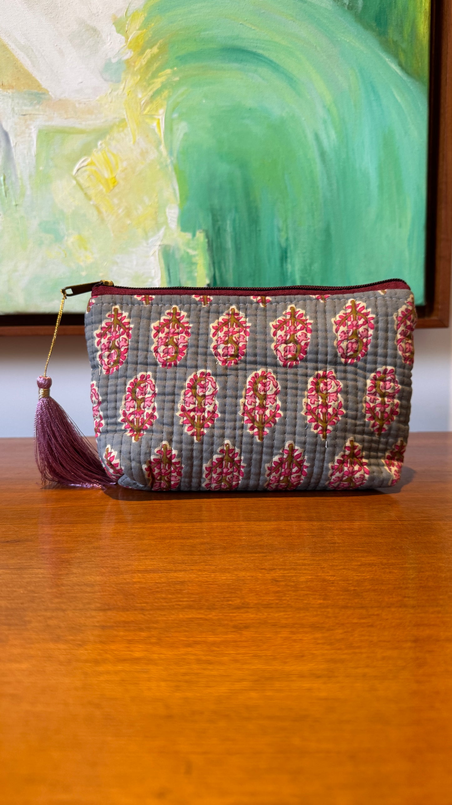 Grey & Pink Hand Block Pouch