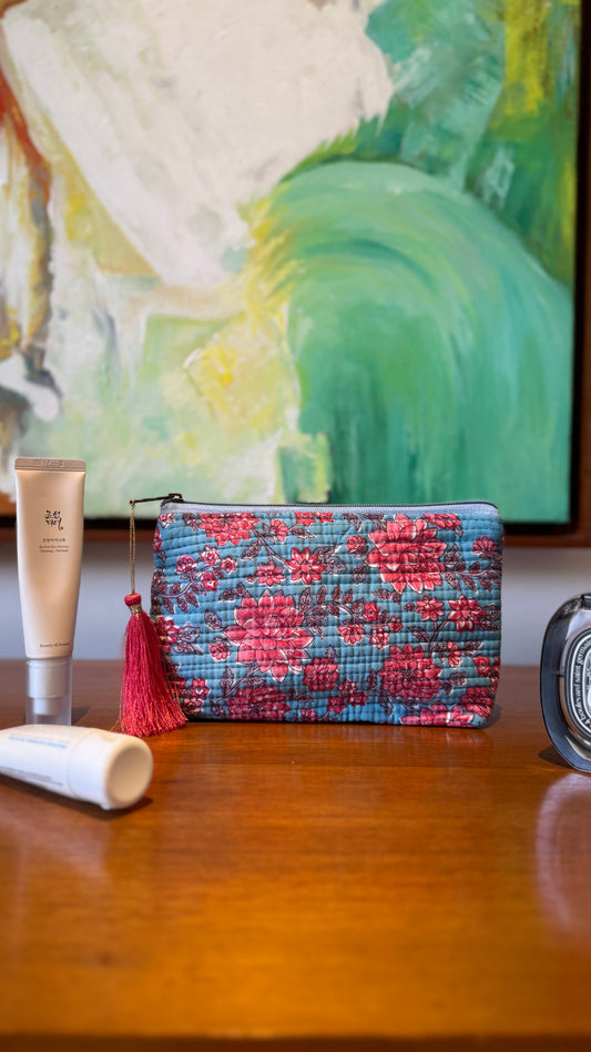 Blue & Pink Floral Hand Block Pouch