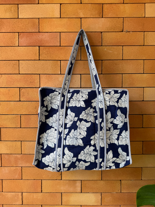 Navy Blue Floral Tote Bag